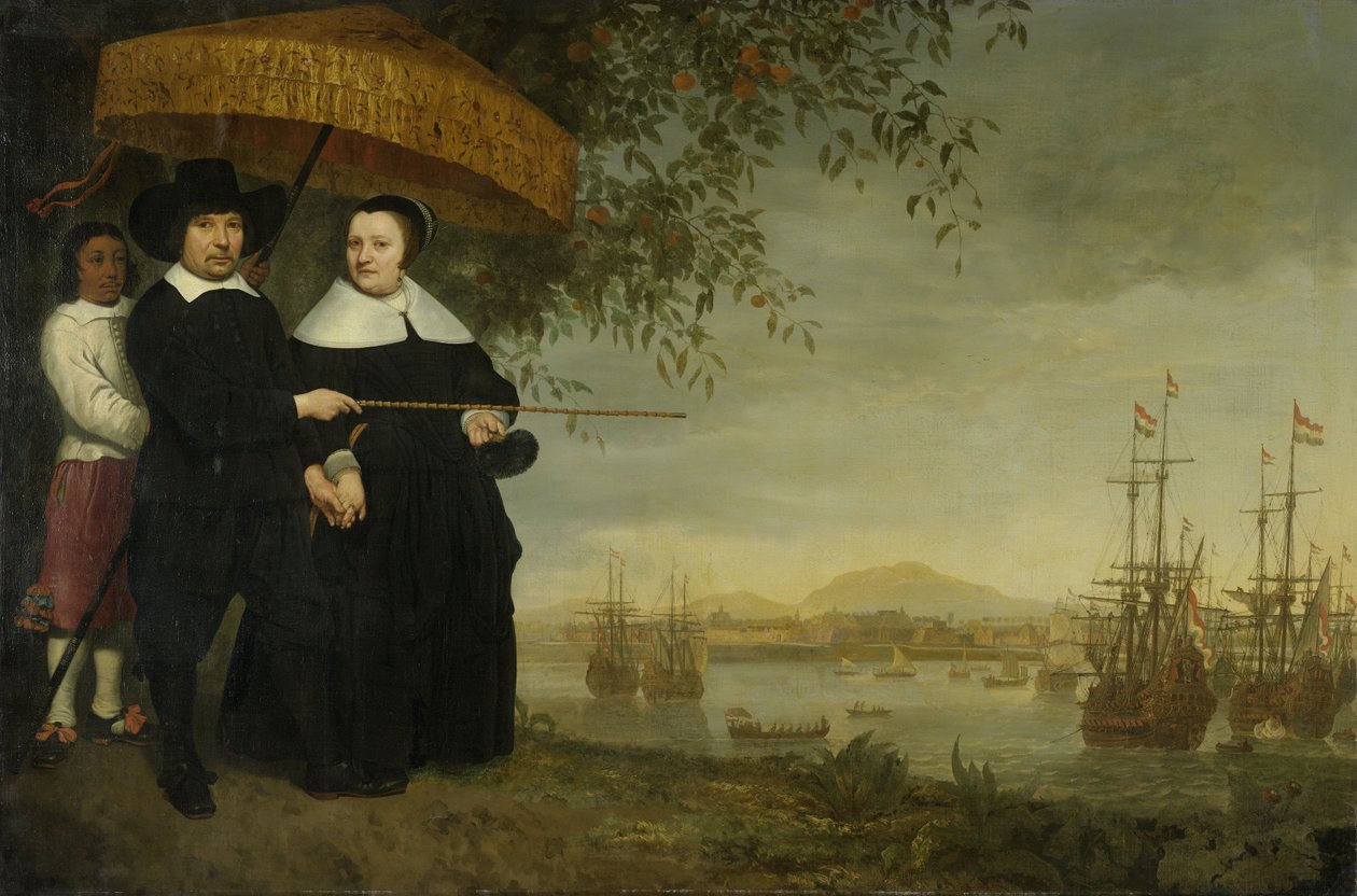 Een senior koopman van de Nederlandse Oost-Indische Compagnie Jacob Mathieusen en zijn vrouw in Batavia waar schepen van de Nederlandse Oost-Indische Compagnie zich voorbereiden om naar huis te varen c.1640-60 door Aelbert Cuyp