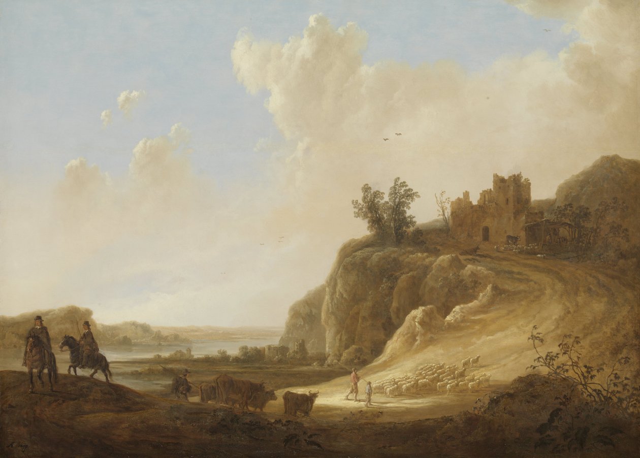 Bergachtig landschap met kasteelruïne door Aelbert Cuyp