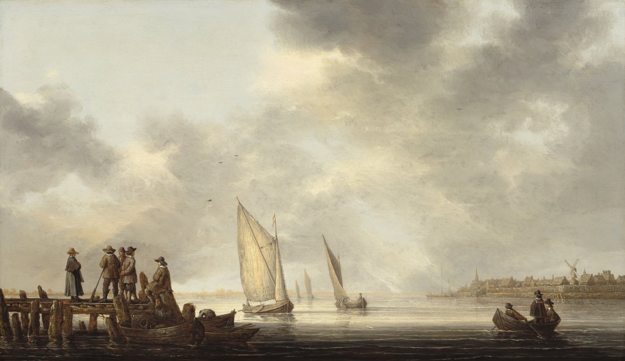 Een pier met uitzicht op Dordrecht door Aelbert Cuyp