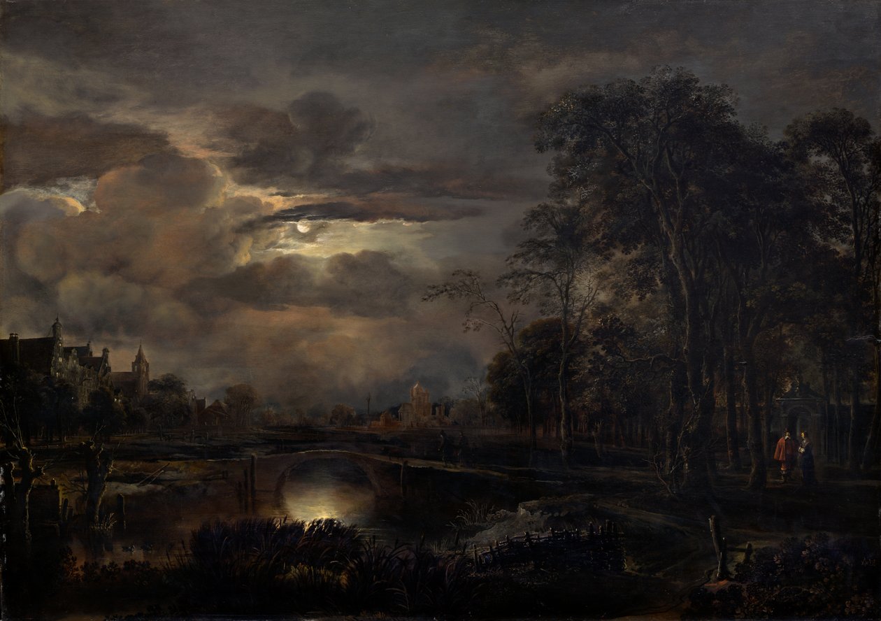 Landschap bij maanlicht met brug door Aert van der Neer