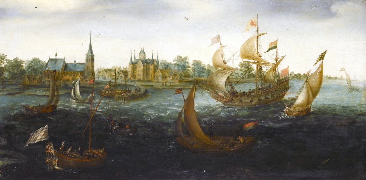 Ships off IJsselmonde door Aert Anthoniszoon