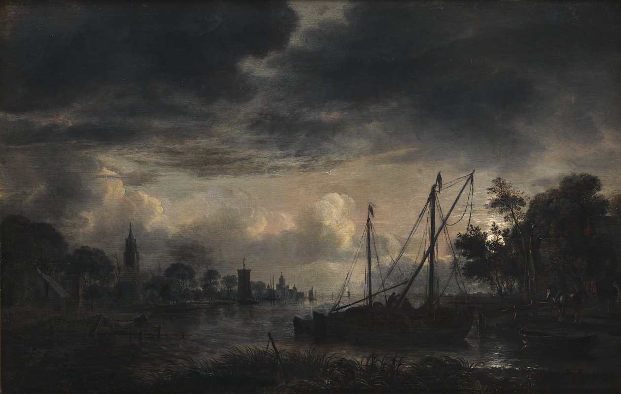 Rivierlandschap in maanlicht door Aert van der Neer