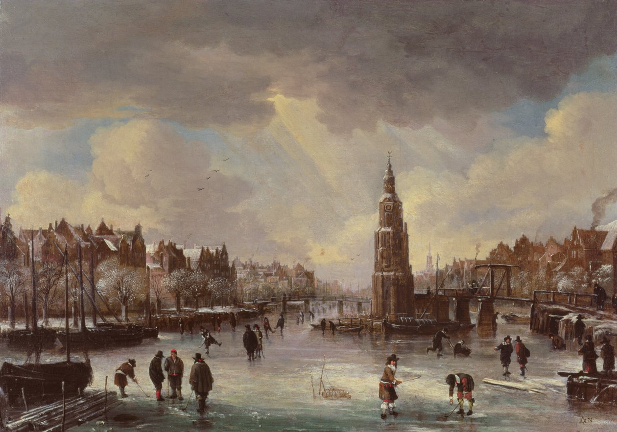 Stad aan een bevroren rivier door Aert van der Neer
