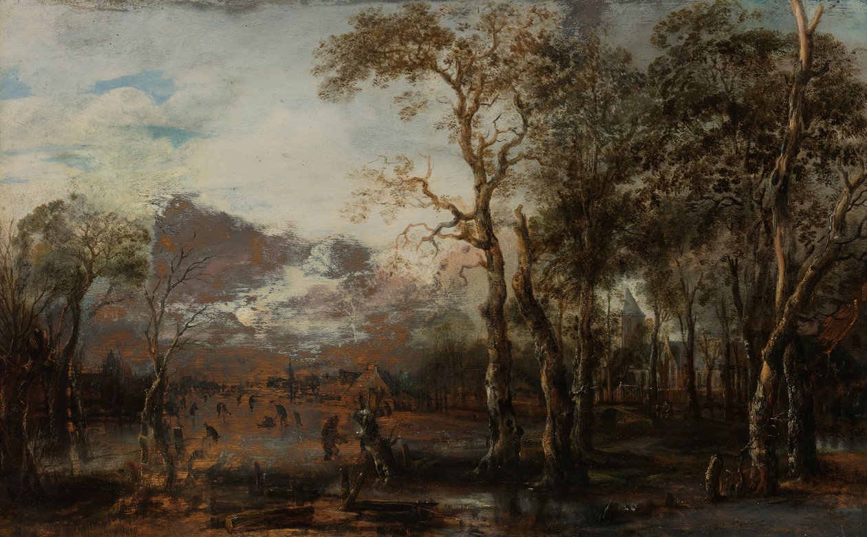 Boslandschap met jager/Winterlandschap door Aert van der Neer