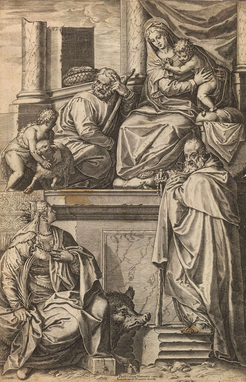 Heilige Familie met St. Johannes de Doper, St. Catharina en St. Antonius de Grote door Agostino Carracci