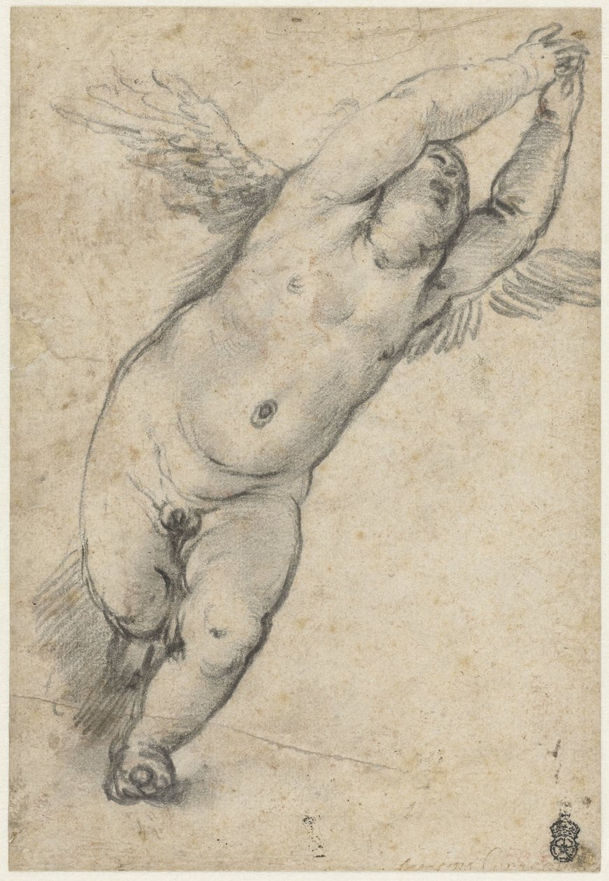 Vliegende putto met opgeheven armpjes door Agostino Carracci (attributed to)