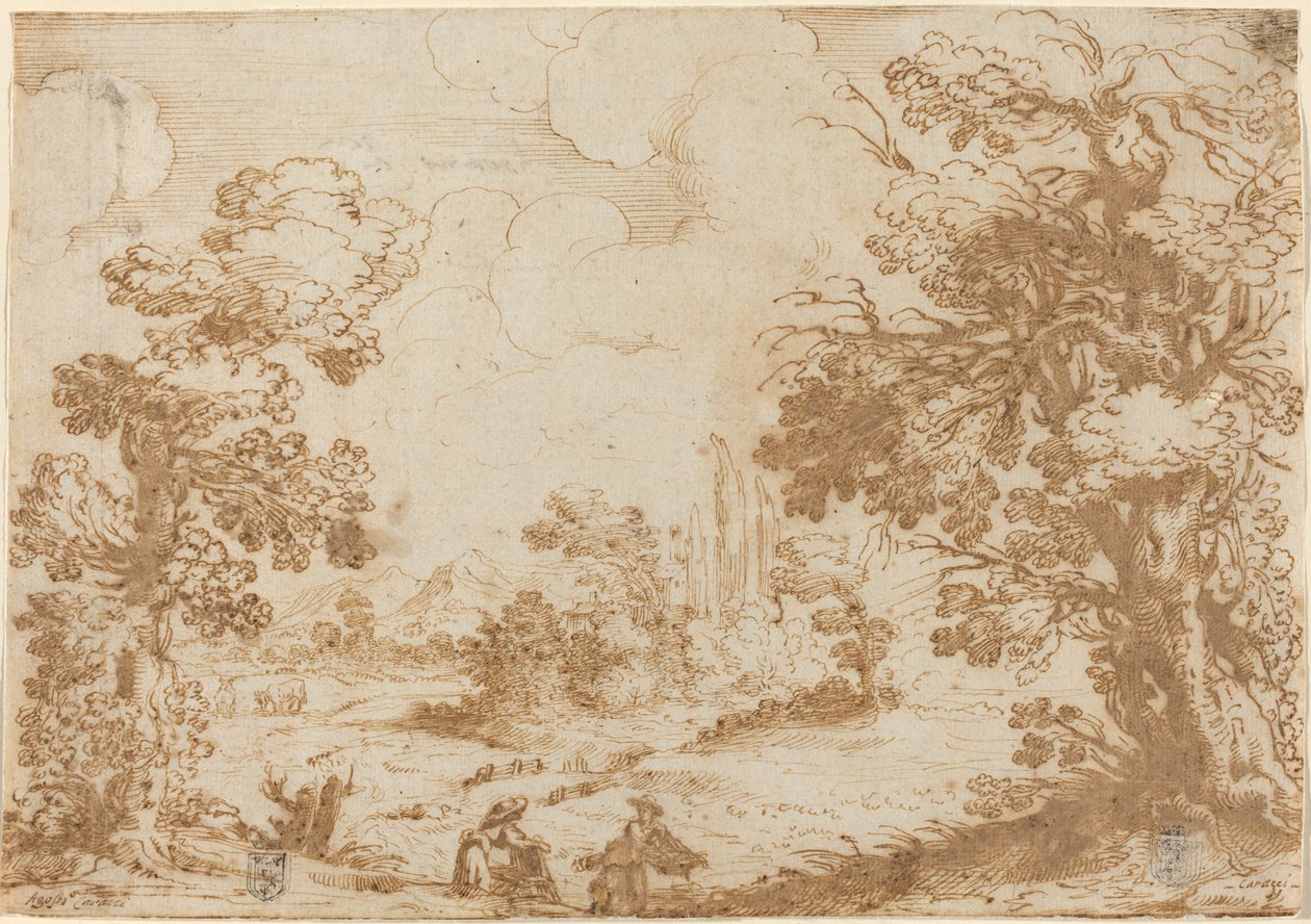 Landschap met Twee Wasvrouwen door Agostino Carracci