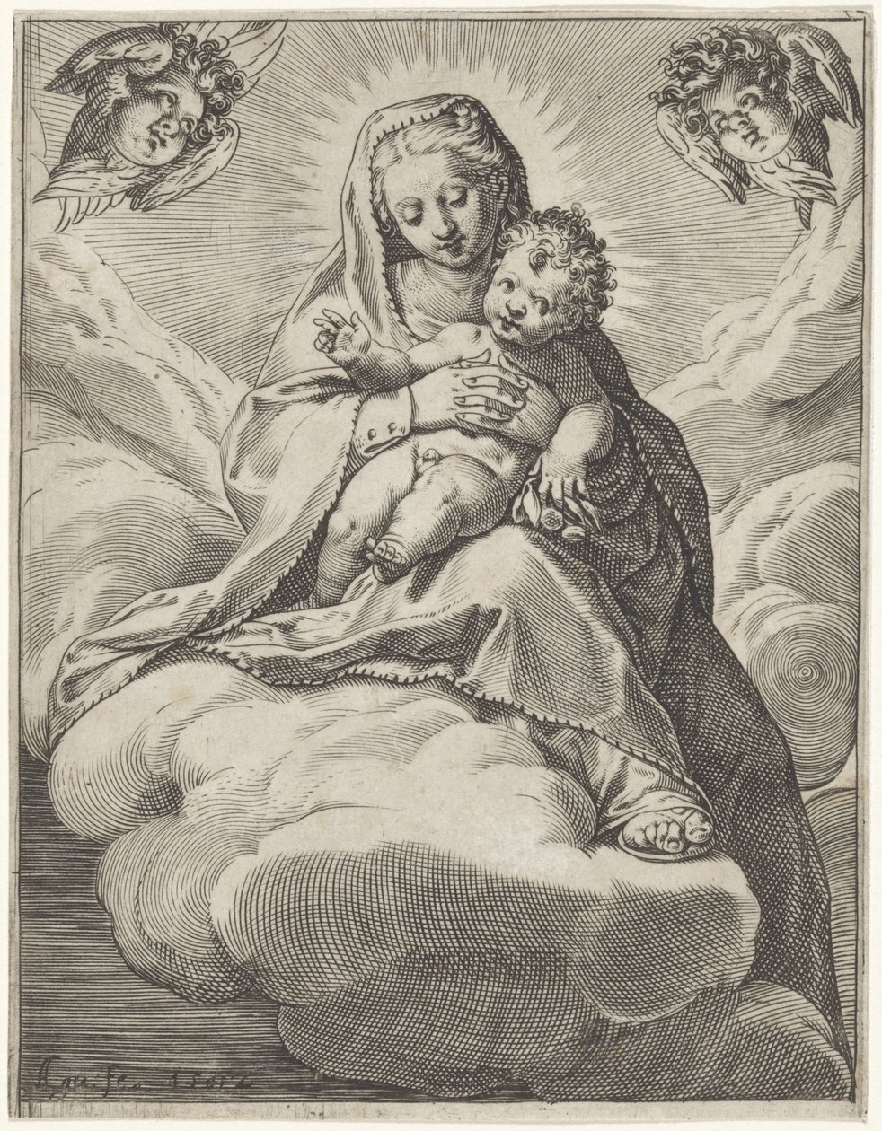 Maria met Kind in de wolken door Agostino Carracci