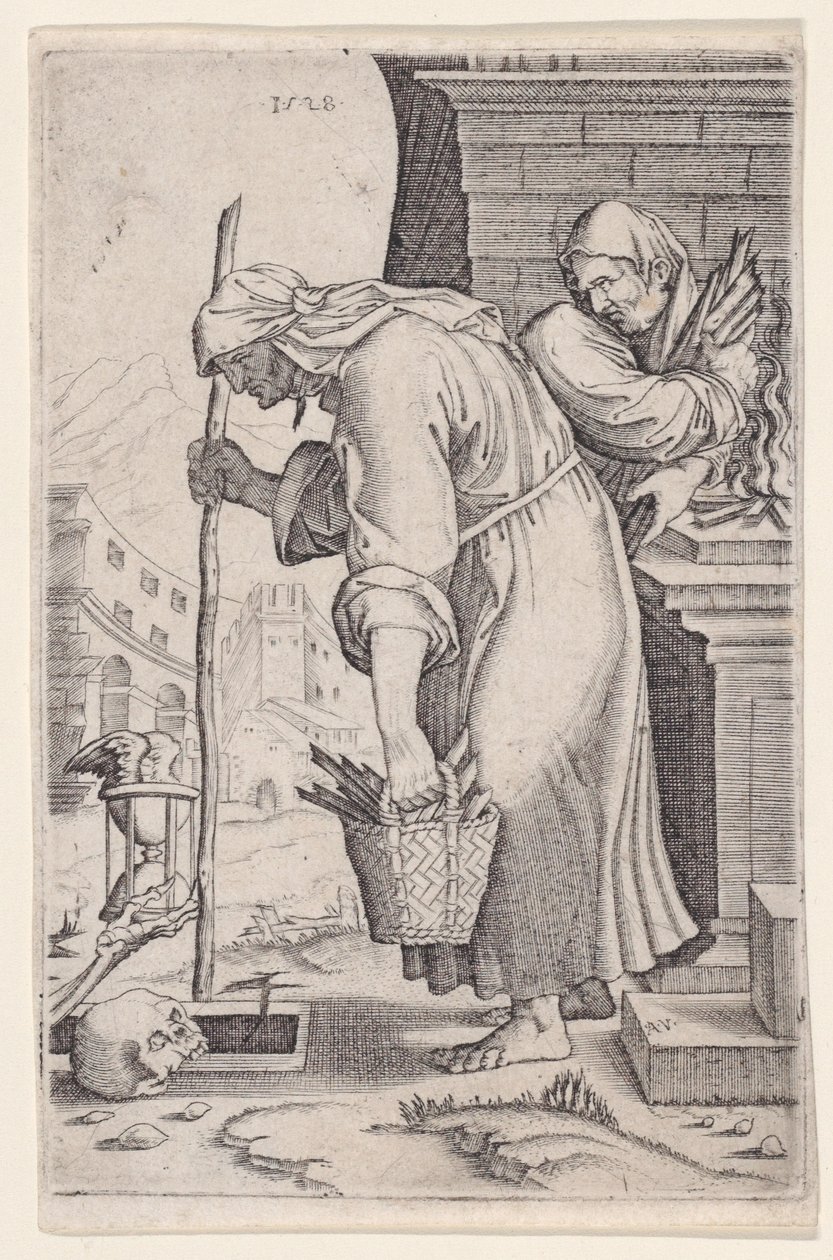 Oude vrouw die het graf nadert door Agostino Veneziano