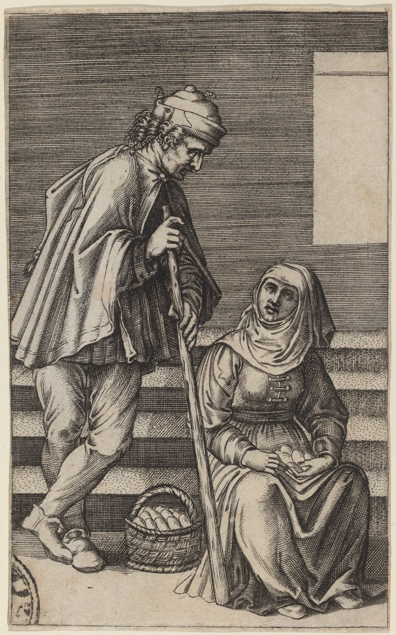 Boer en eierverkoopster door Agostino dei Musi after Raphael