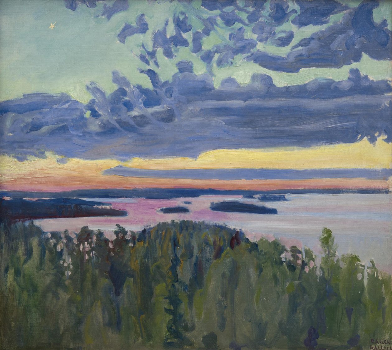 Zonsondergang boven een meer door Akseli Gallen Kallela