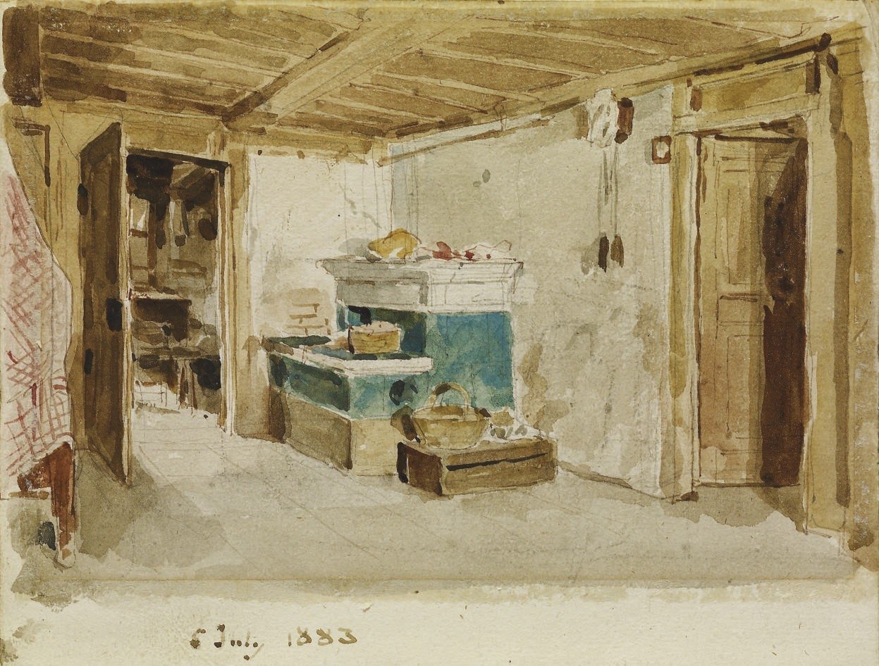 Boerenkamer met groene kachel door Albert Anker