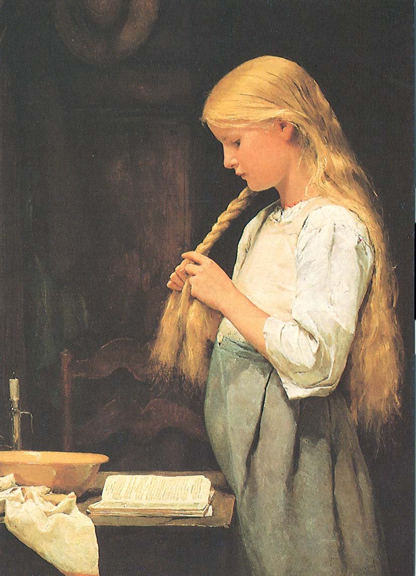 Meisje dat haar haar vlecht door Albert Anker