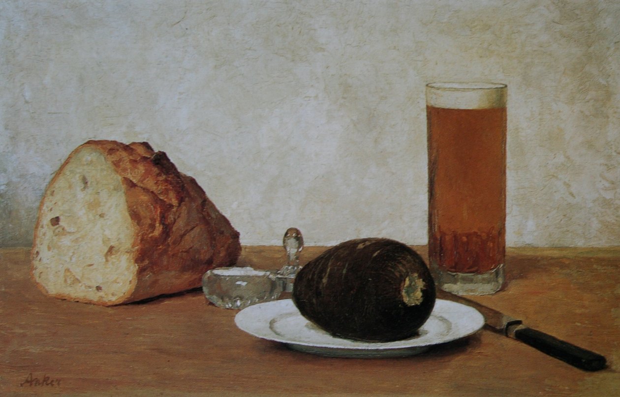 Stilleven bier en radijs door Albert Anker