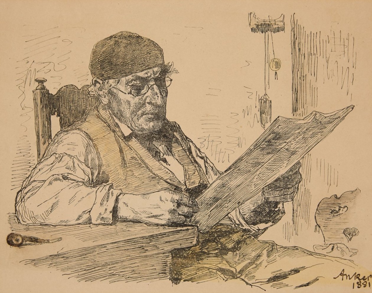 Boer die krant leest door Albert Anker