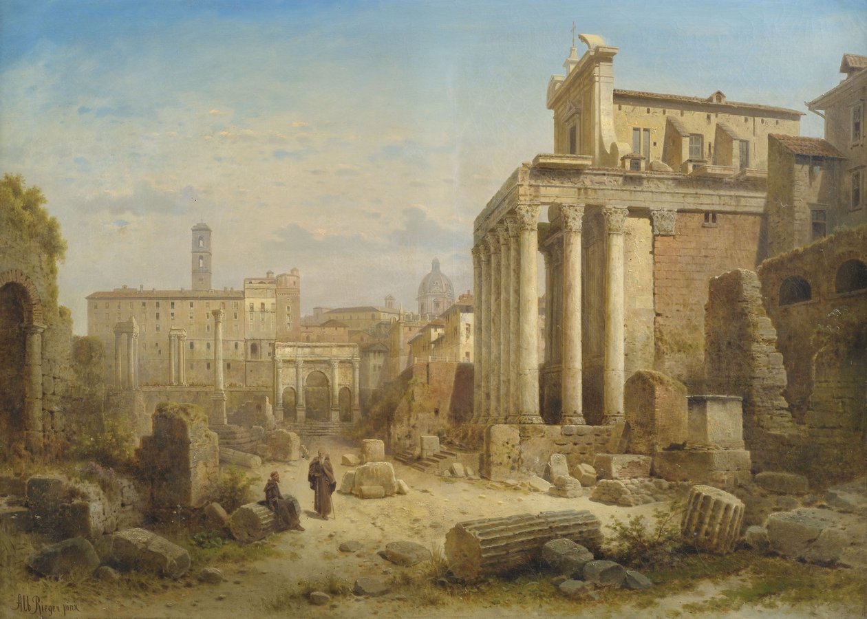 Uitzicht op het Forum Romanum met de boog van Septimius Severus en de tempel van Faustina en Antonius Pius door Albert Rieger
