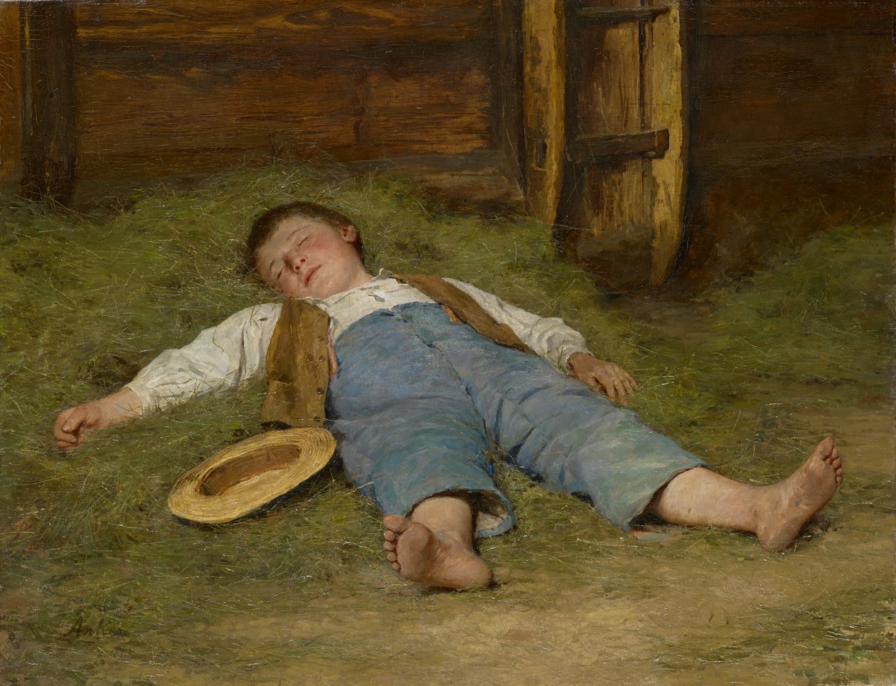 Jongen slapend in het hooi, 1891-97 door Albert Anker