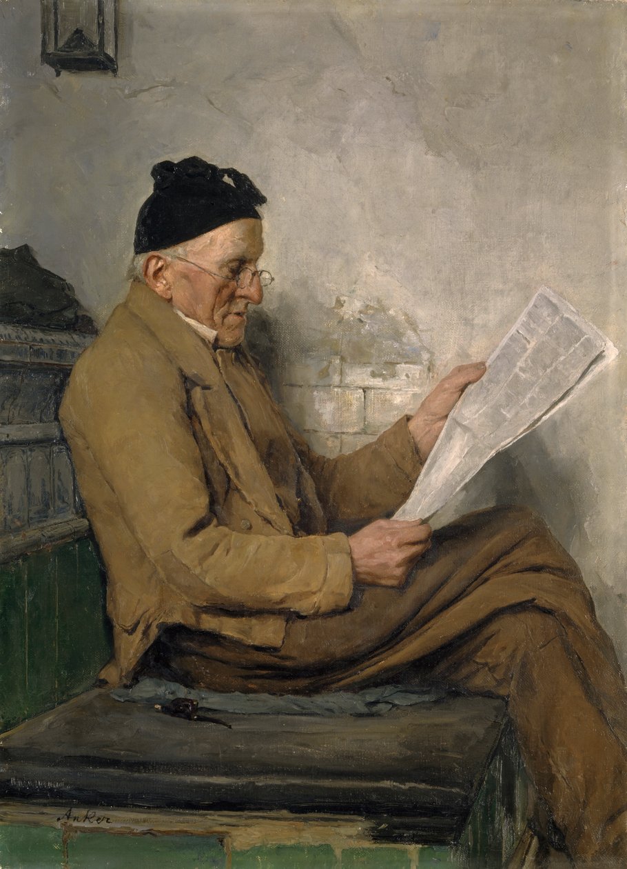 Boer lezend op de kachelbank door Albert Anker