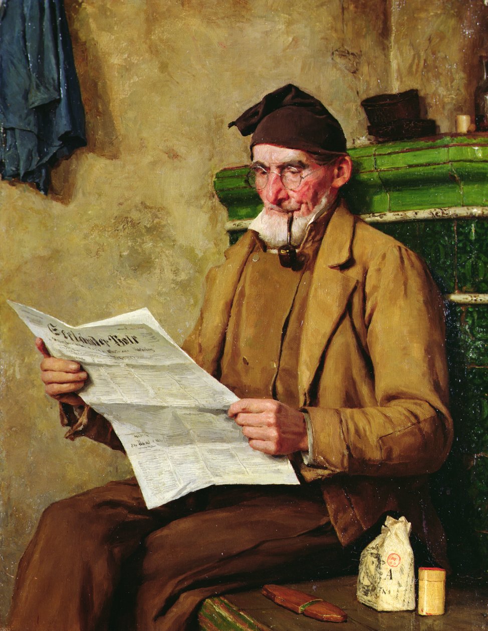 Oude Feissli die de krant leest door Albert Anker