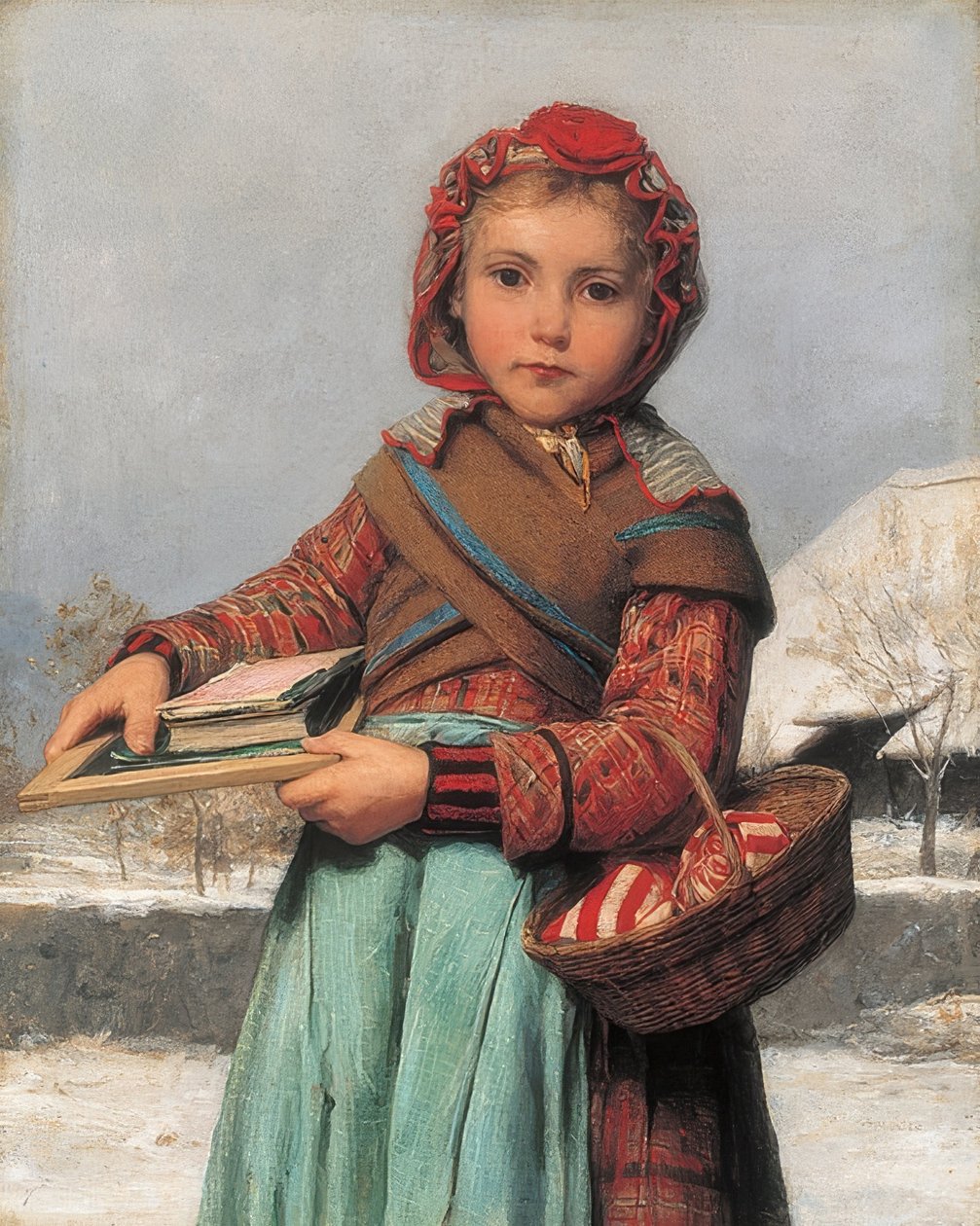 Schoolmeisje met lei en naaikorfje door Albert Anker