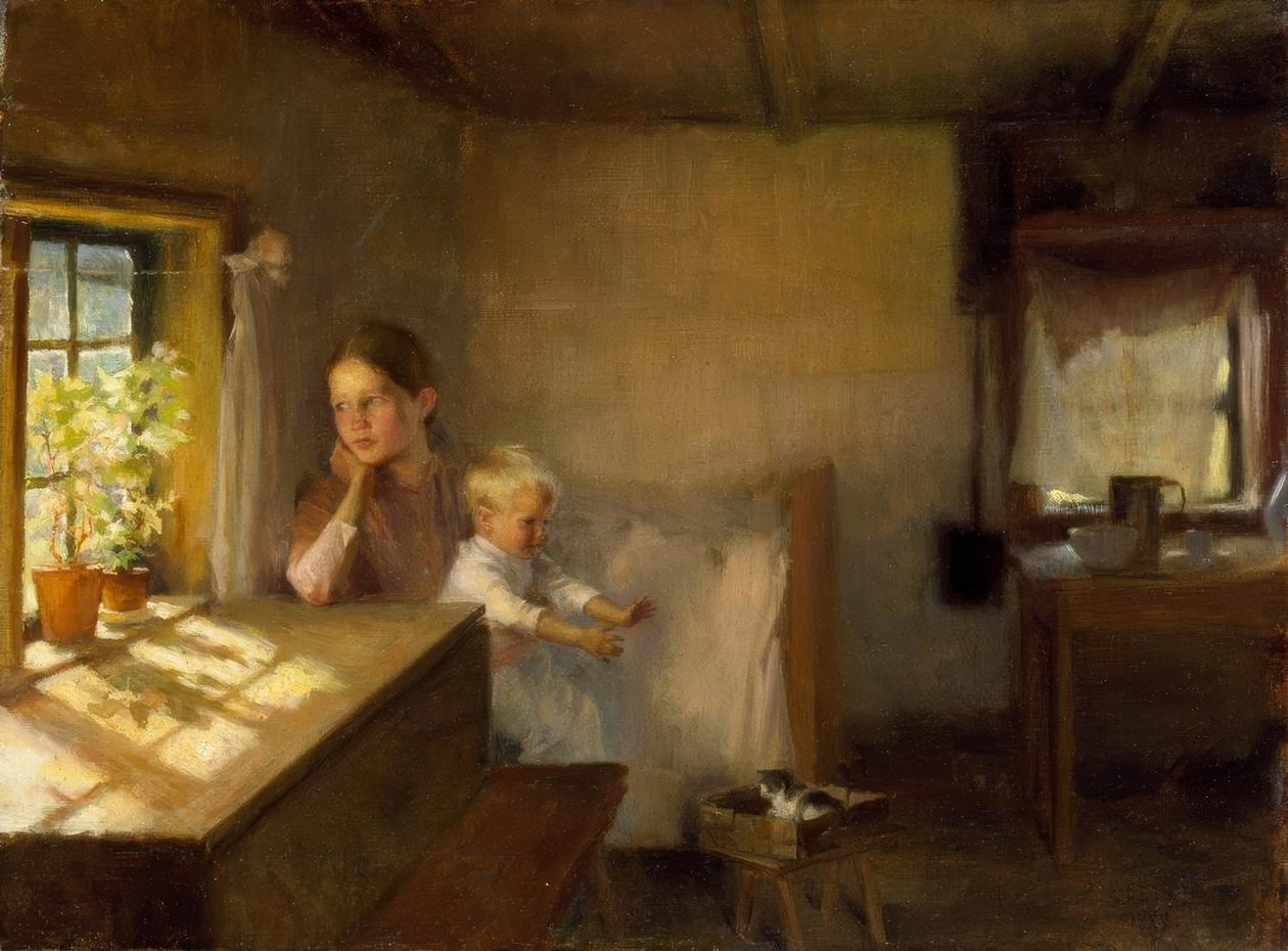 Vrouw met kind in zonovergoten interieur door Albert Gustaf Aristides Edelfelt