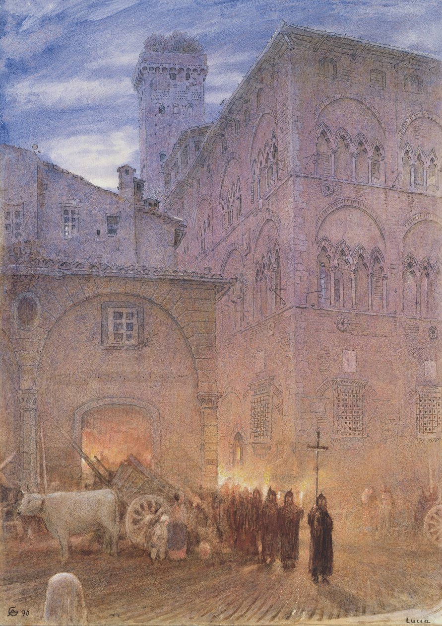 Lucca; Toscane; religieuze processie; kar; koe; door Albert Goodwin