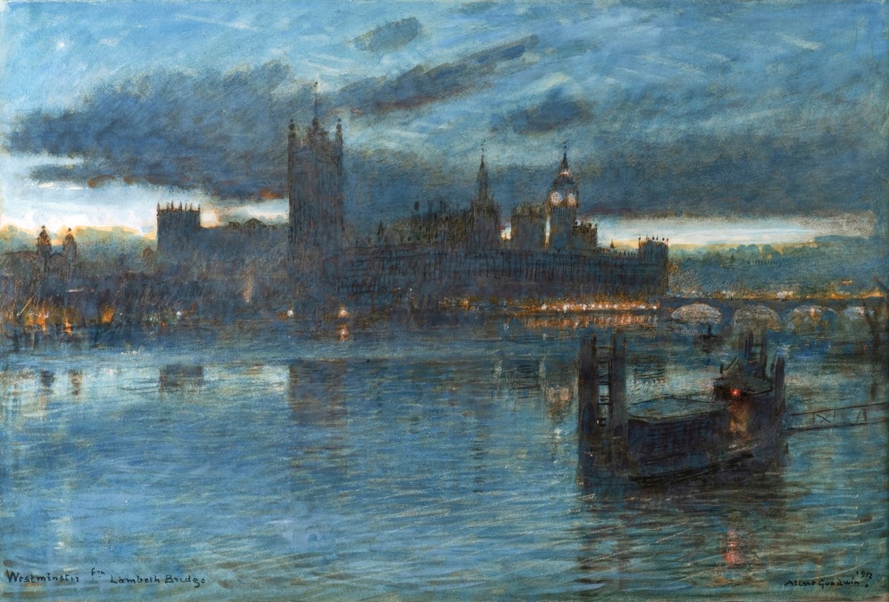 Westminster vanaf Lambeth Bridge door Albert Goodwin