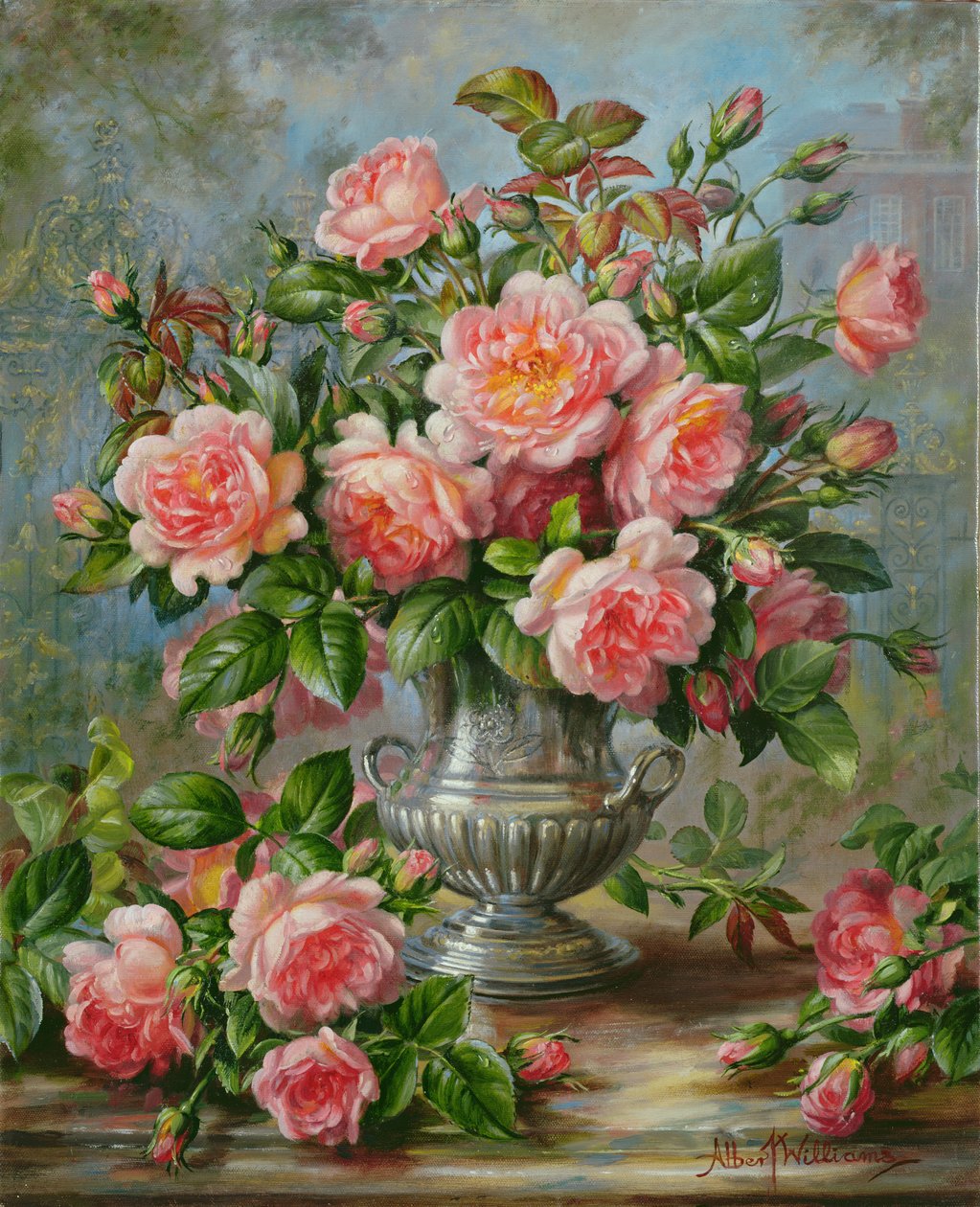 Engelse elegantie rozen in een zilveren vaas door Albert Williams
