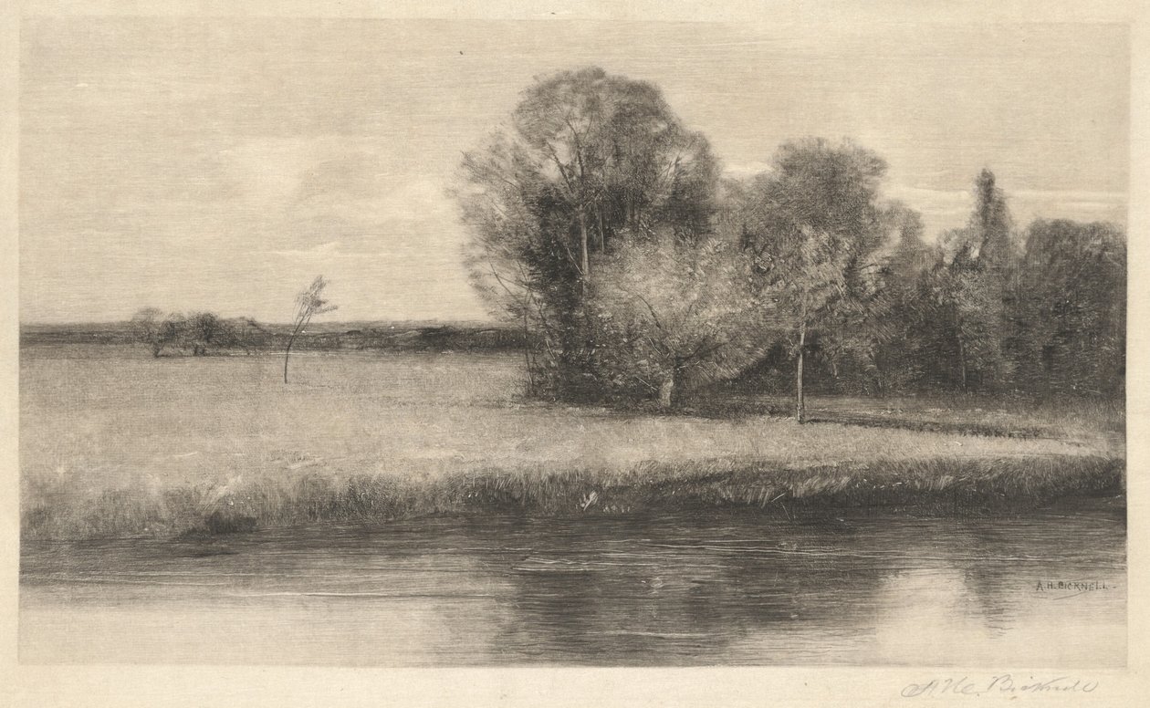 Een zonovergoten weide bij een rivier door Albion Bicknell