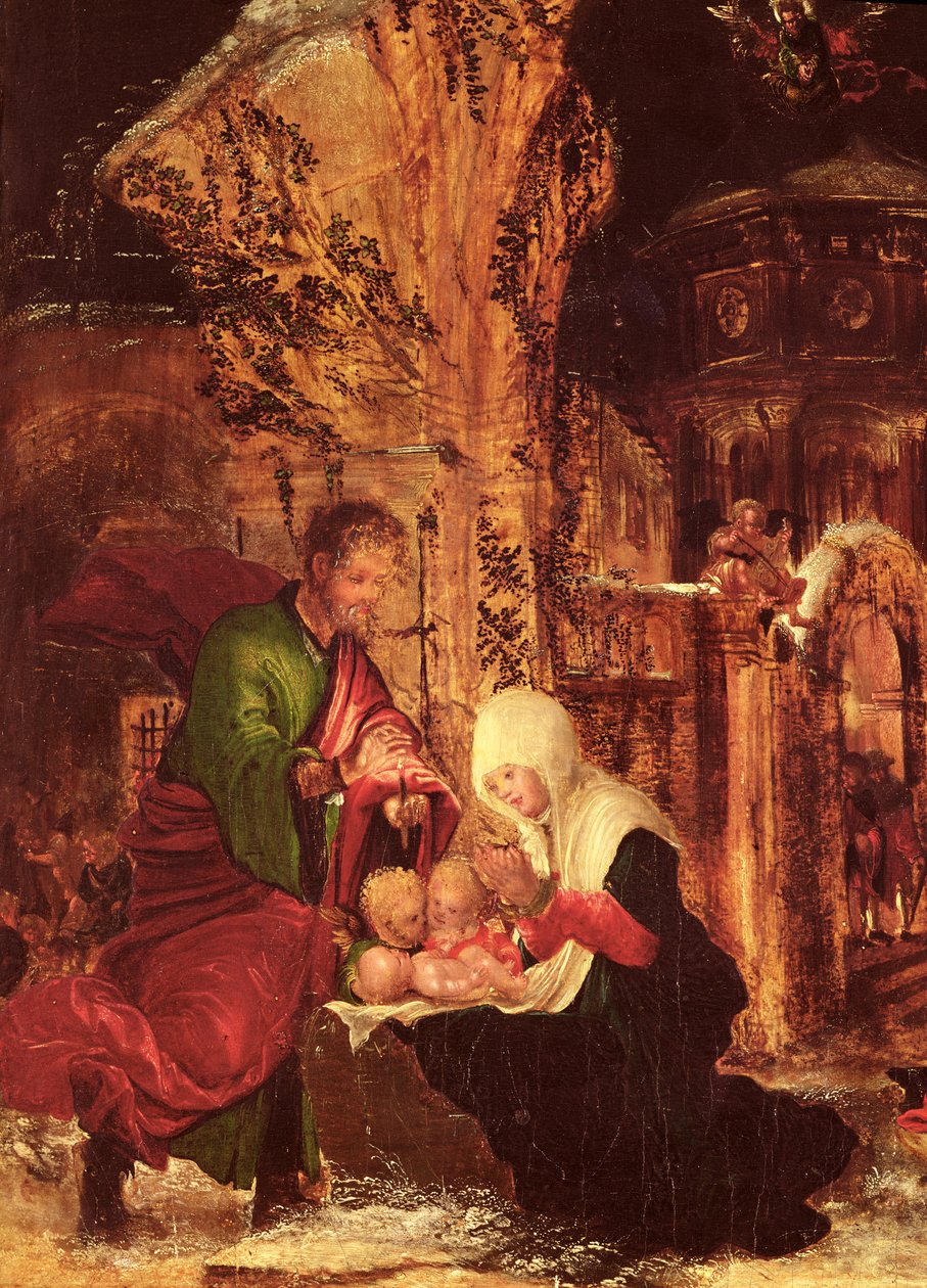Geboorte van Christus (Heilige Nacht), ca. 1520-25 (detail) door Albrecht Altdorfer