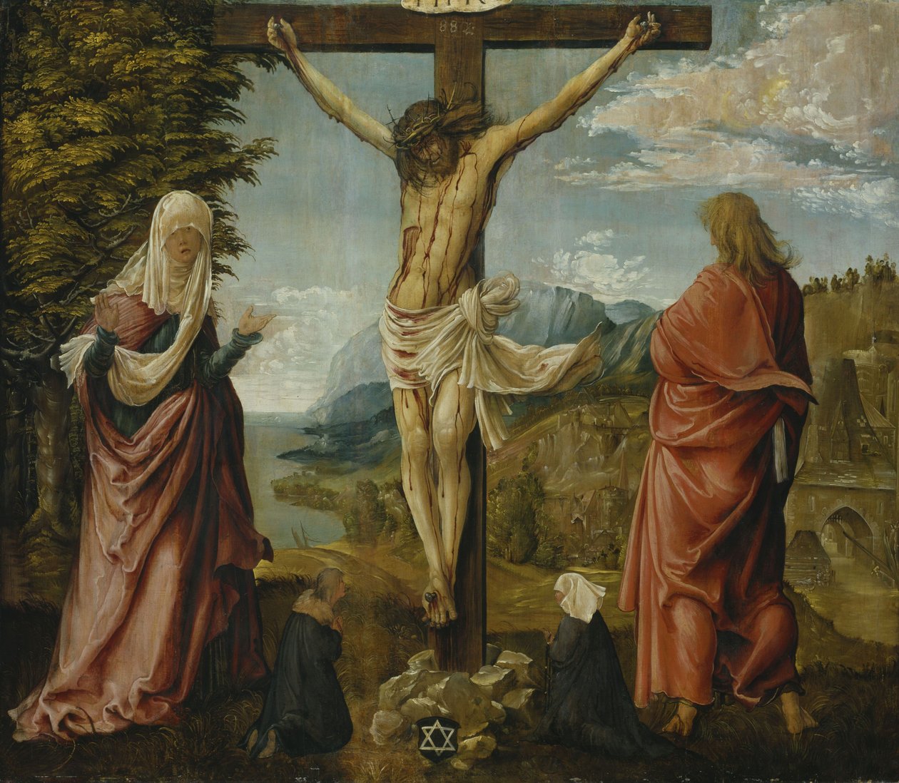 Christus aan het kruis met Maria en Johannes door Albrecht Altdorfer