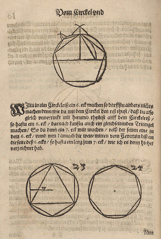 Constructie van een vijf-, zes- en zevenhoek door Albrecht Dürer