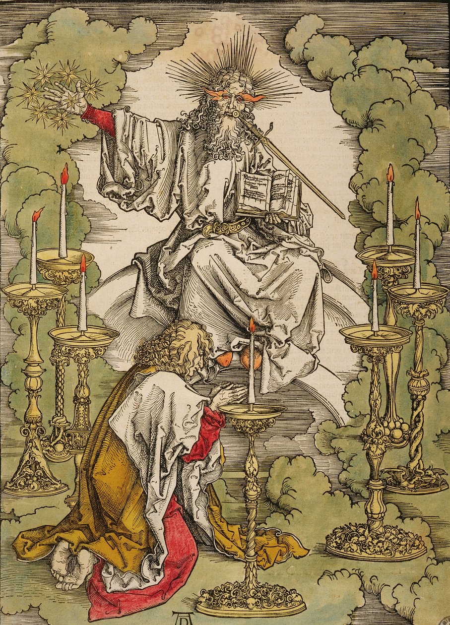 St. Johannes op het eiland Patmos ontvangt inspiratie van God om de Apocalyps te creëren, 1498 (kleur houtsnede) door Albrecht Dürer