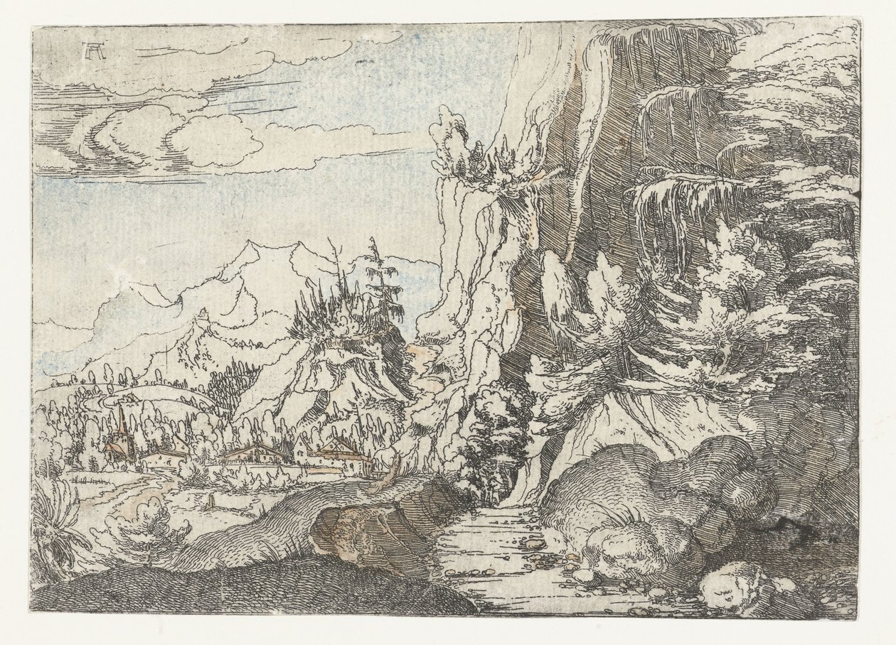 Landschap met donkere rotswand door Albrecht Altdorfer