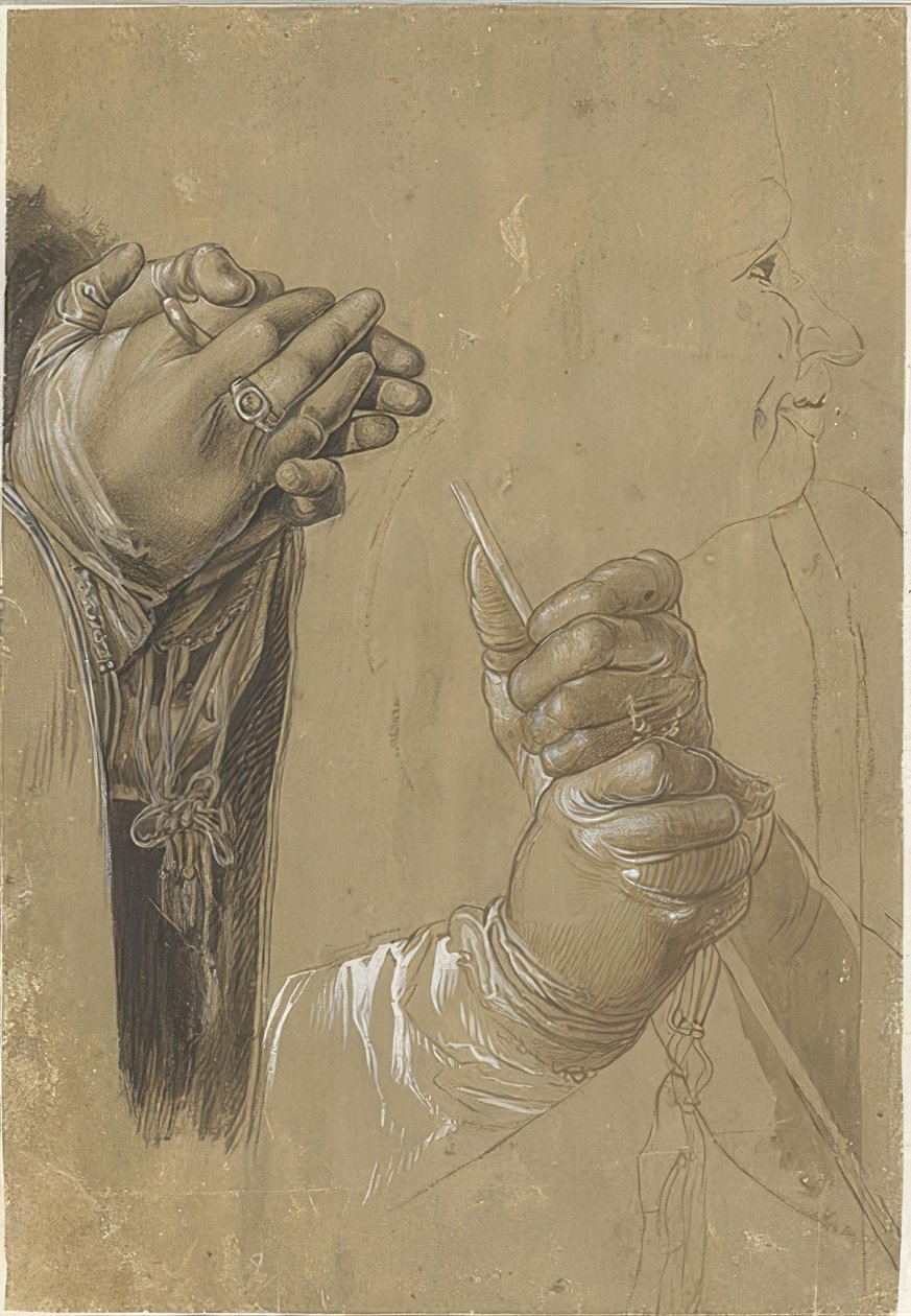 Handen en een hoofd in profiel door Albrecht Dürer