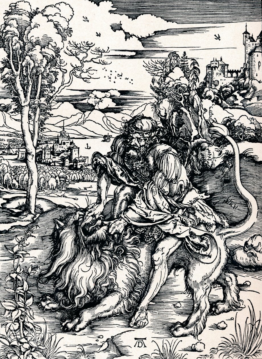Simson verscheurt de leeuw, 1497 1906 door Albrecht Dürer