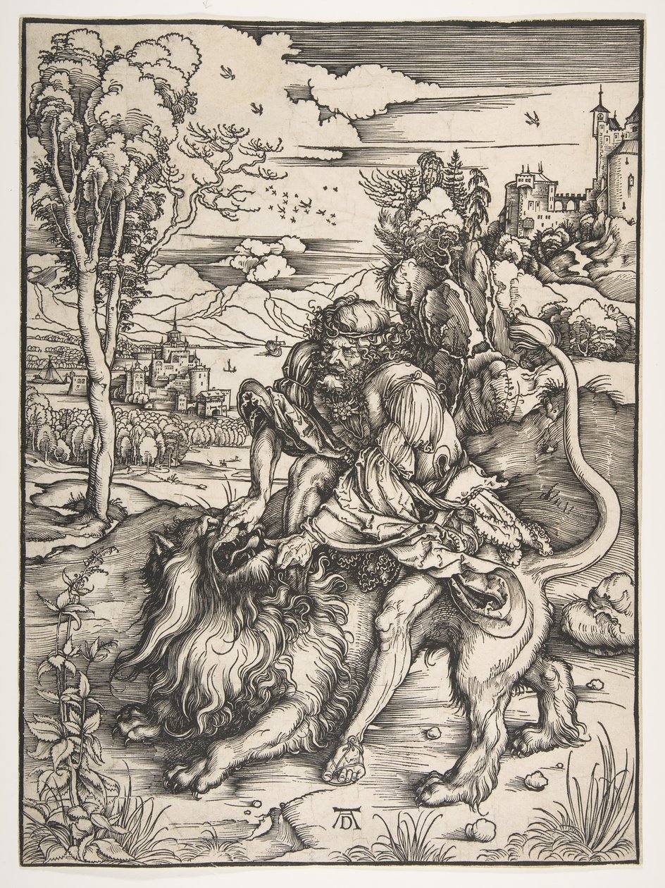 Simson verscheurt de leeuw, ca. 1497-98 door Albrecht Dürer