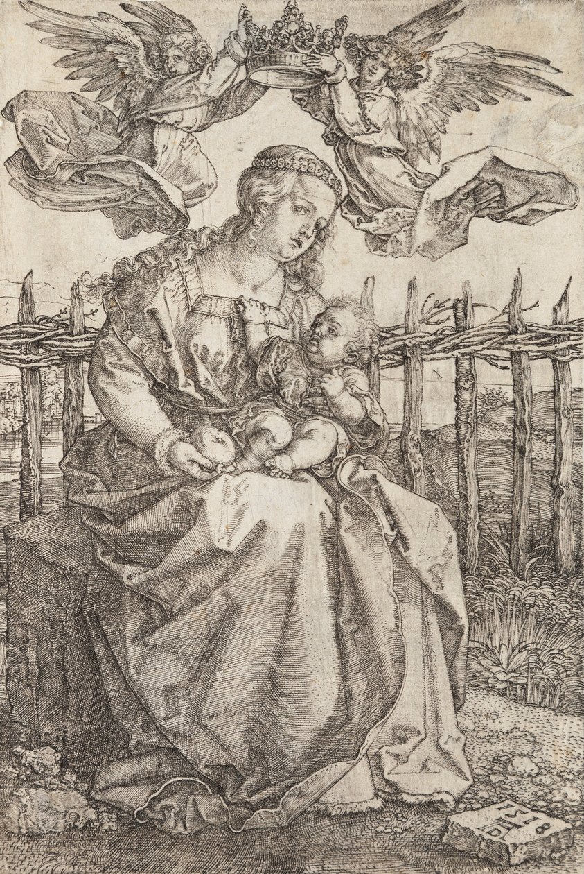 Maagd Maria gekroond door twee engelen, 1518 door Albrecht Dürer