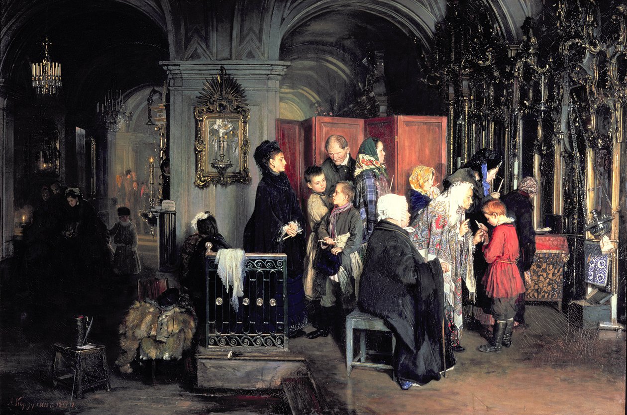 Voor de Biecht, 1877 door Aleksei Ivanovich Korzukhin