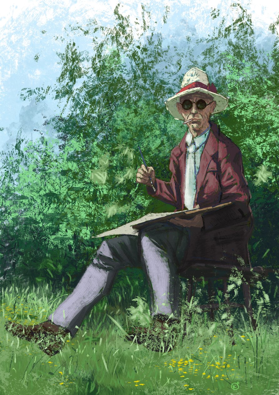 Hermann Hesse schilderend in de tuin door Alessandro Lonati