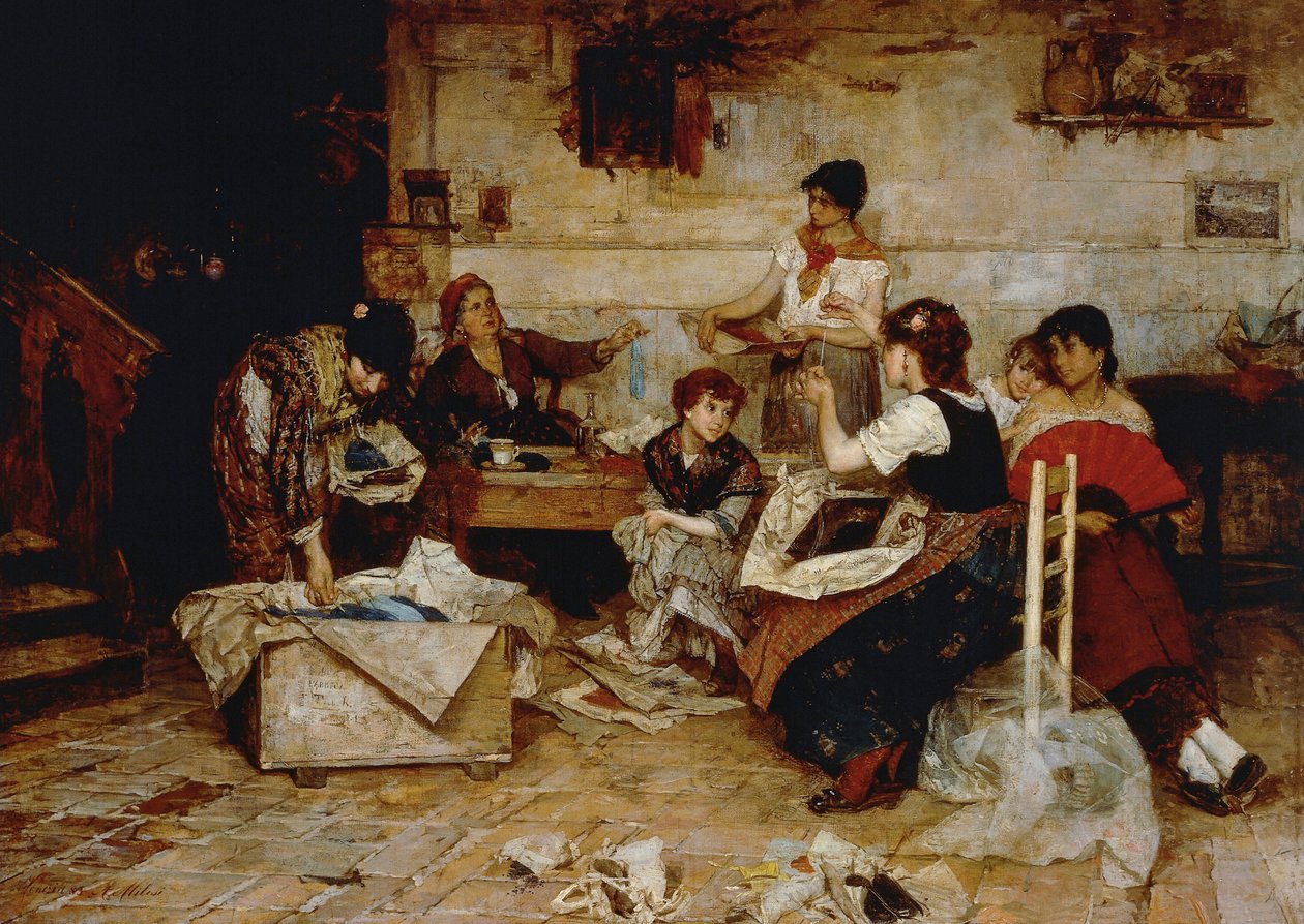 Vrouwen die parels bewerken door Alessandro Milesi