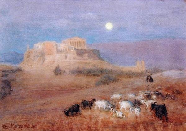 De Akropolis bij Schemering door Alex J. Mavrogordato