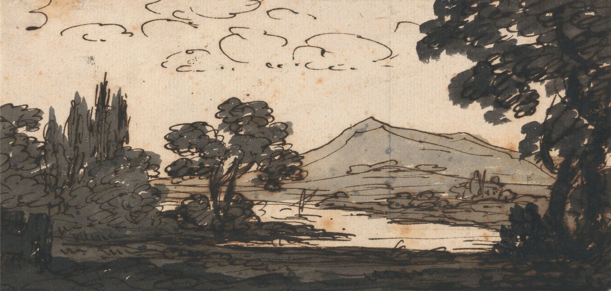 Landschap met berg en meer door Alexander Cozens