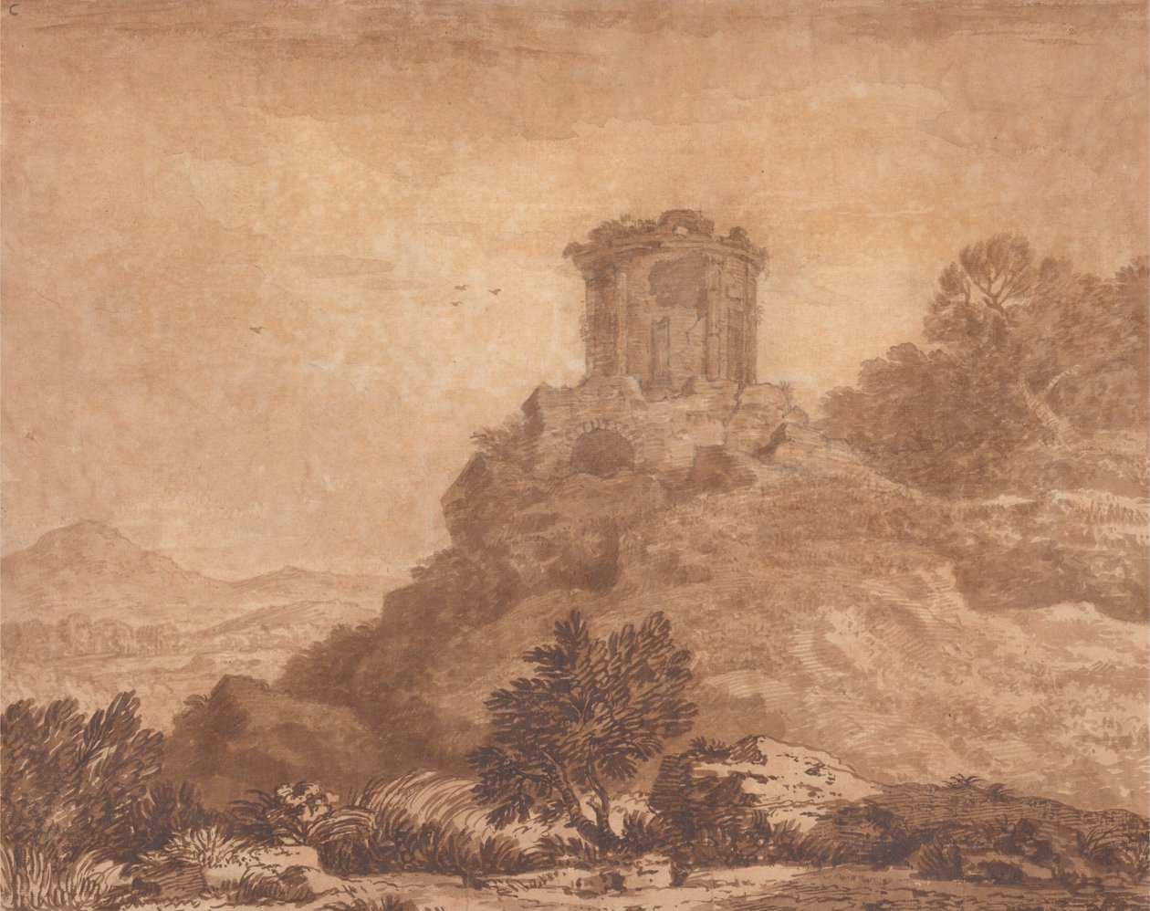 Landschap met een verwoeste tempel door Alexander Cozens