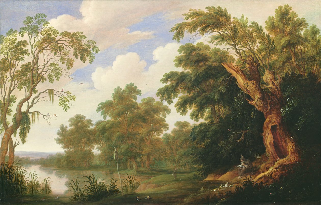 St. Paulus bezoekt St. Antonius in een bosrijk landschap, 17e eeuw door Alexander Keirincx
