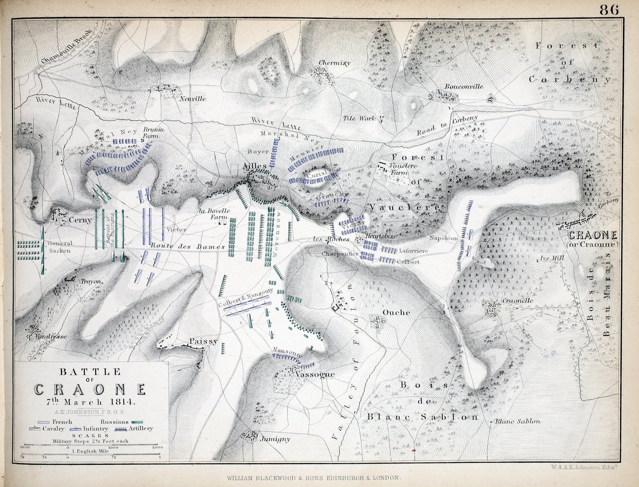 Kaart van de Slag bij Craone, uitgegeven door William Blackwood and Sons, Edinburgh en Londen, 1848 door Alexander Keith Johnston