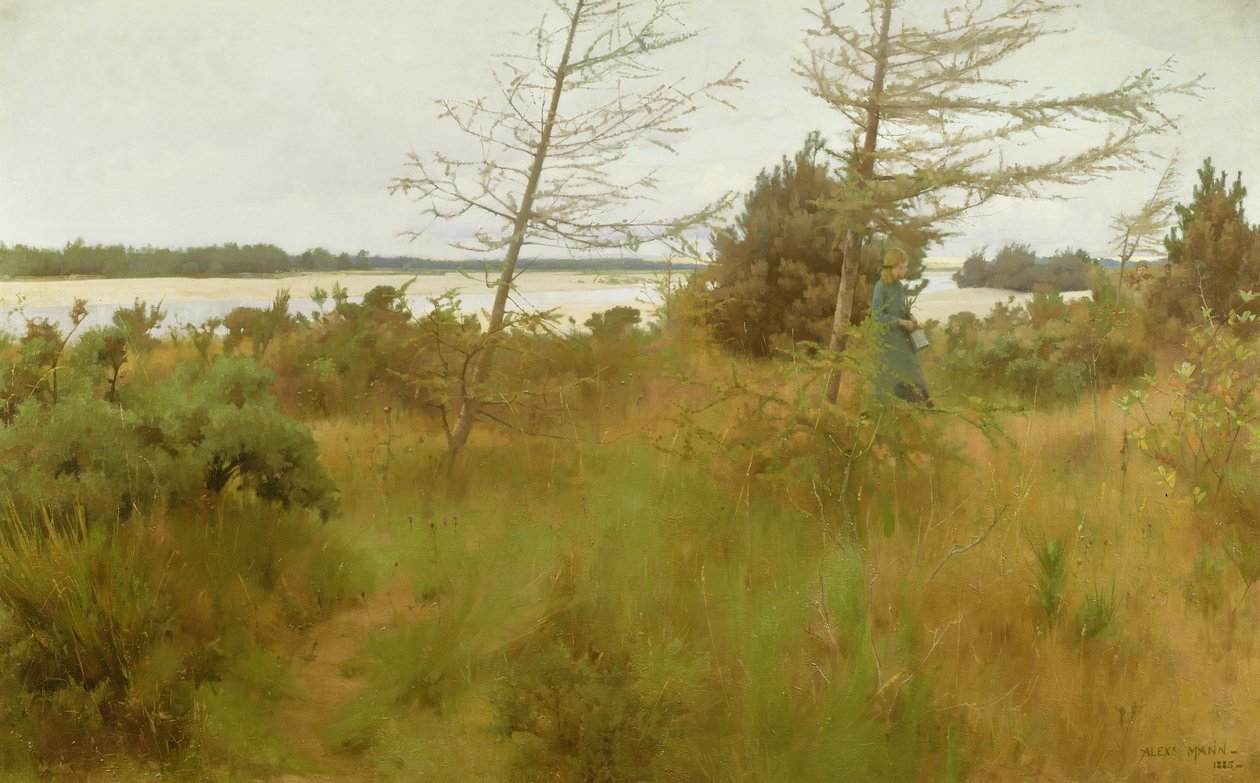 Hout sprokkelen aan de oever van een meer door Alexander Mann