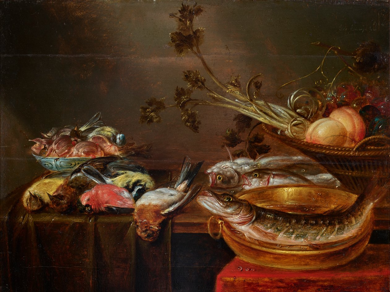 Stilleven met vissen, vogels en fruit door Alexander Adriaenssen