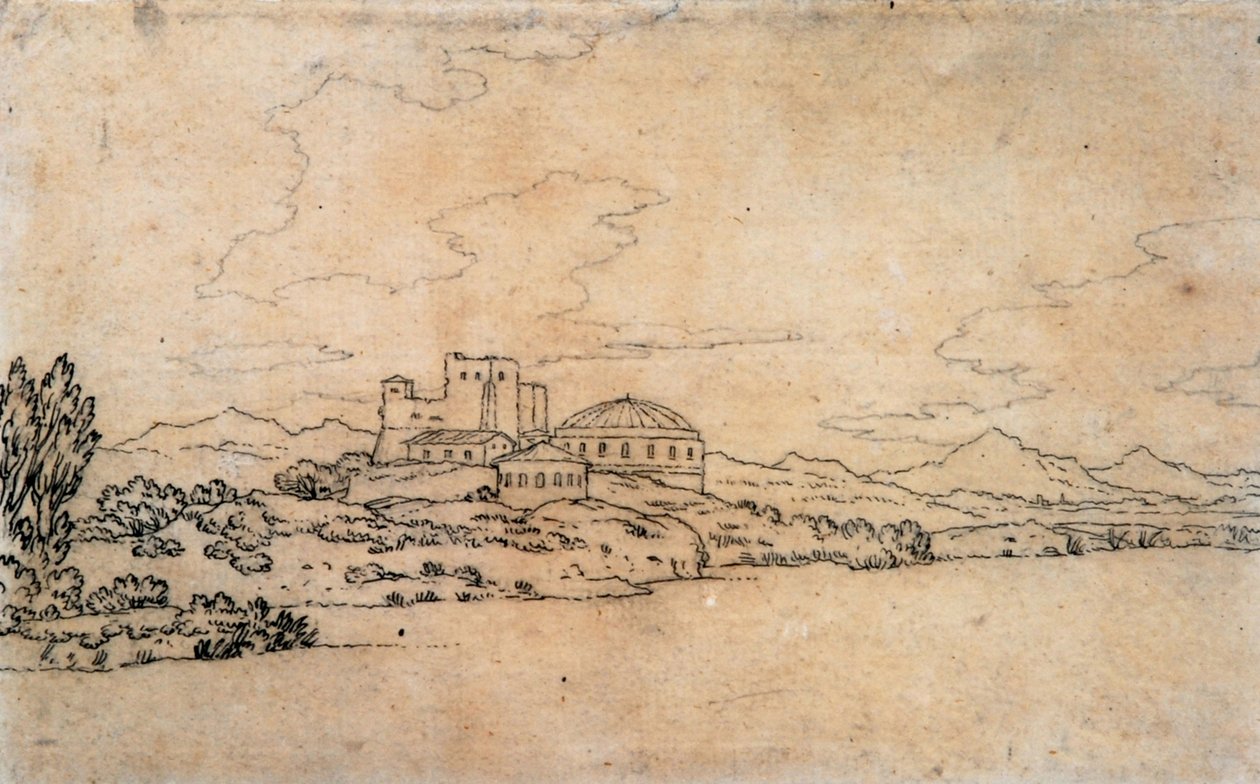 Italiaans landschap met koepelgebouw door Alexander Cozens