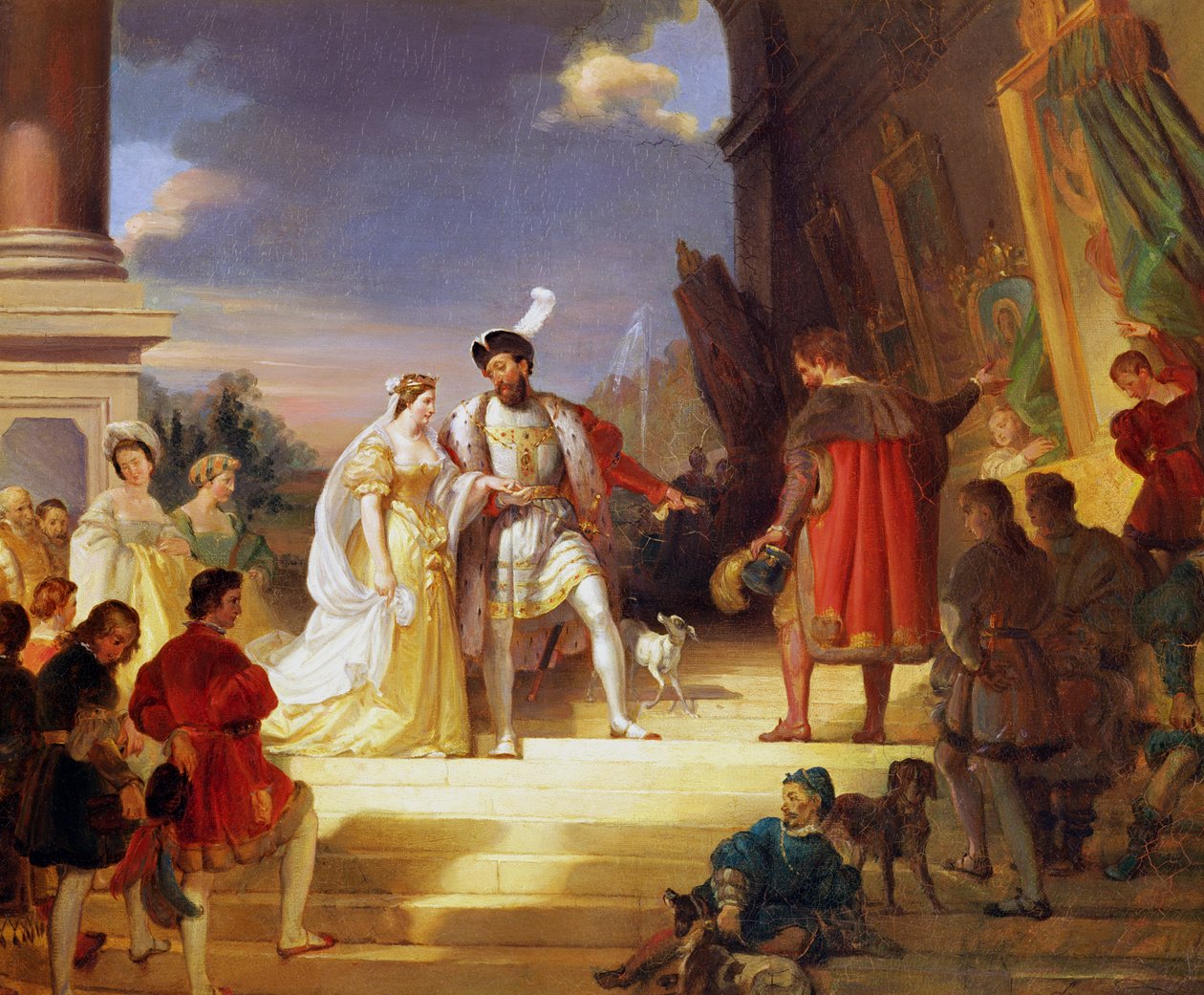 Francois I (1494-1547) met Leonardo da Vinci (1452-1519) door Alexandre Evariste Fragonard